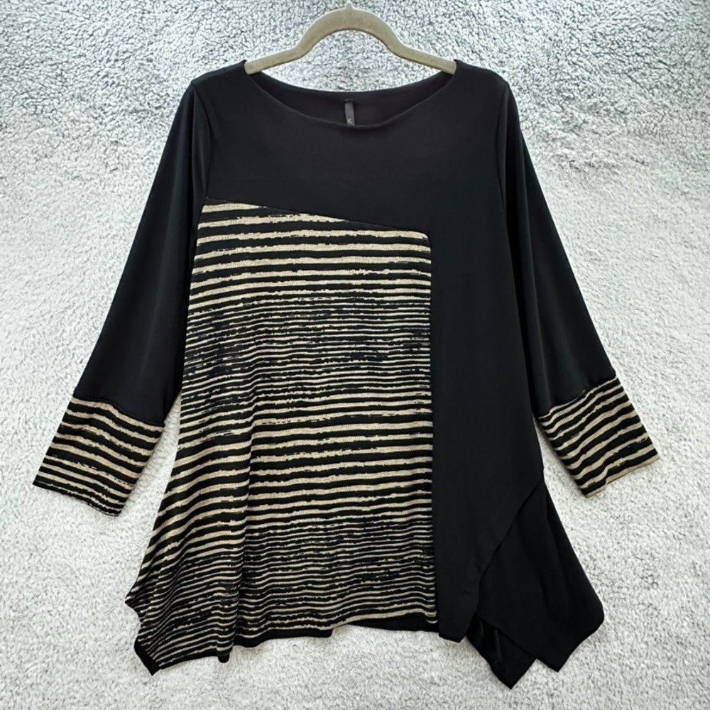 IC by Connie K Womens XL Black Gold Striped Asymmetric Tunic Top Made in USA